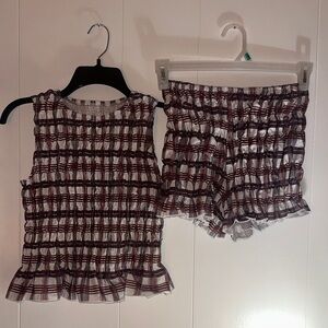 Smocked plaid two-piece outfit shirred sleeveless tank top & ruched mini Shorts
